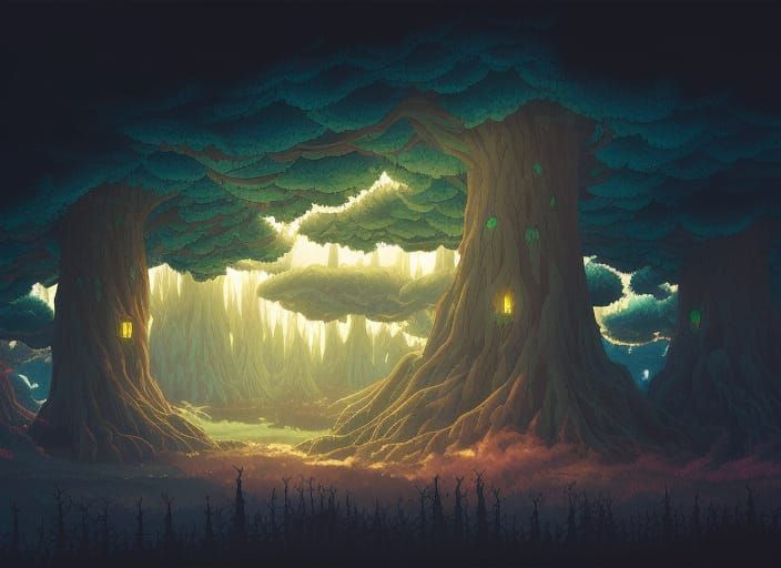 Fantasy Forest Suffocated by Ominous Clouds in Anime Style