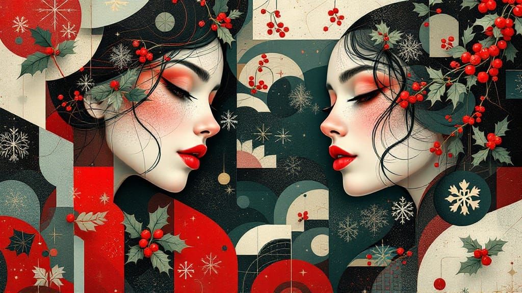 Ethereal Neo-Cubist Masterpiece with Geometric Snowflakes an...