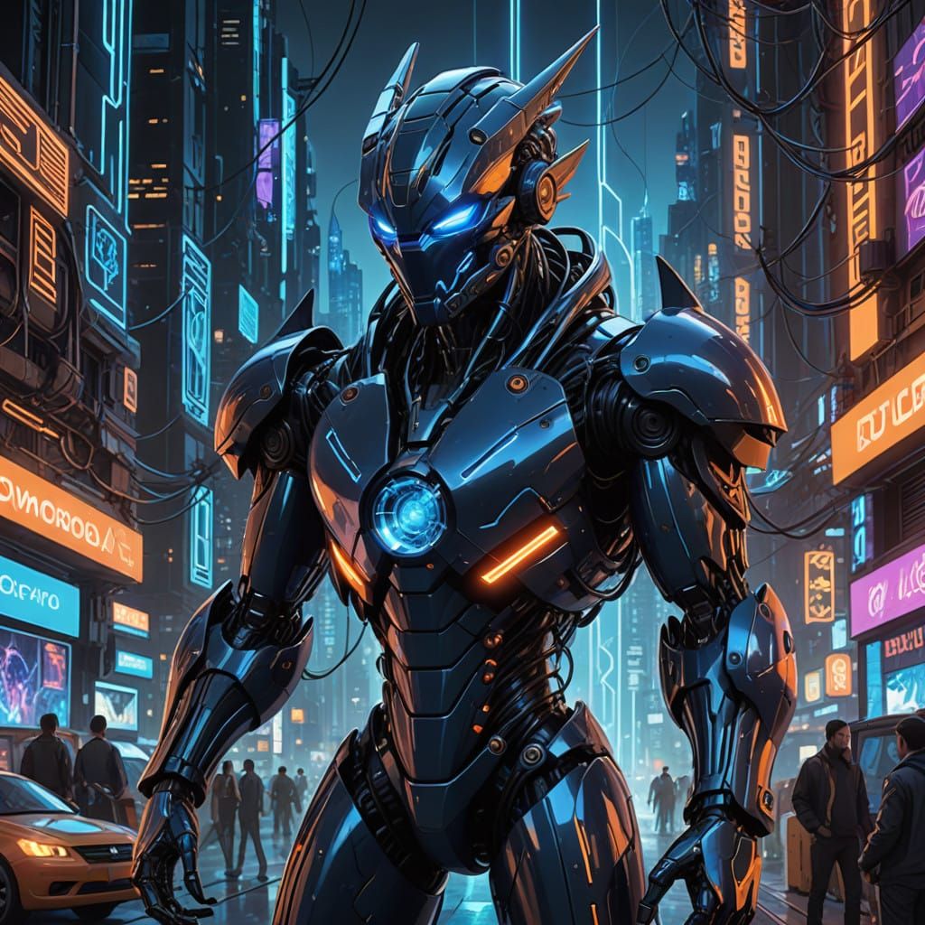 Cyberpunk Digimon Hero in Neon Cityscape