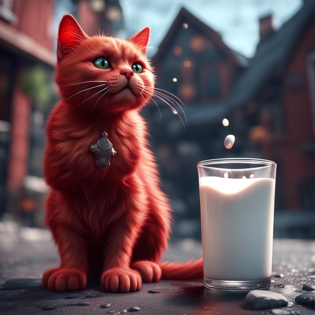 Red Cat with Milk: Detailed Matte Painting