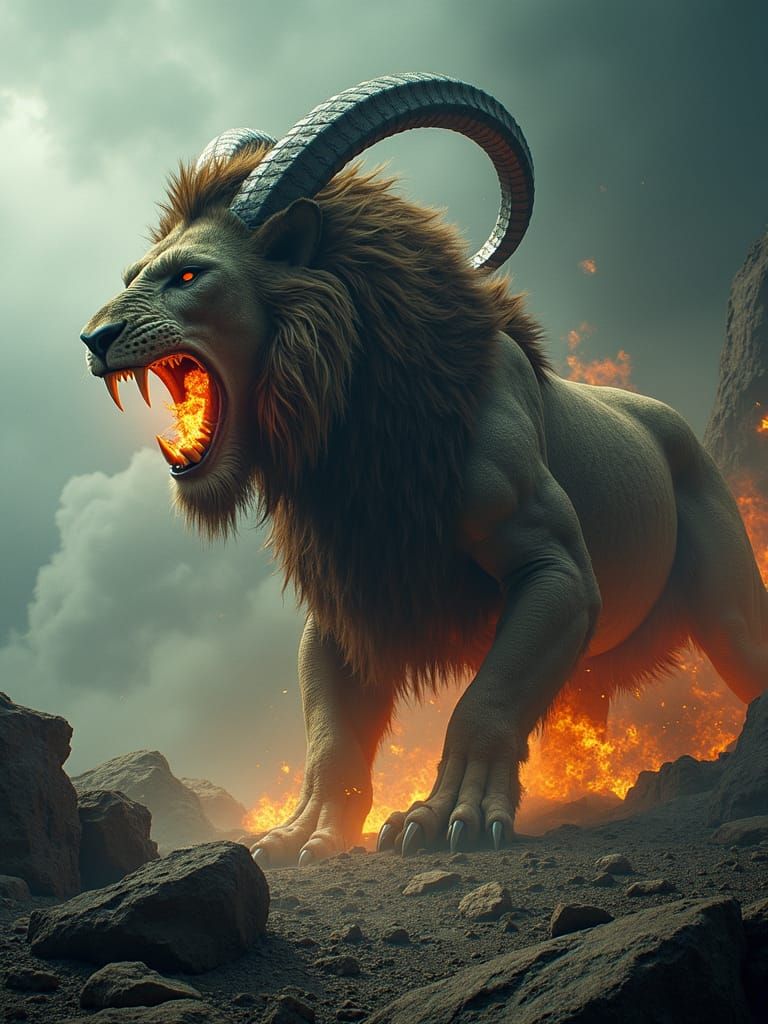 Fearsome Chimera Roars in Dark Fantasy Landscape