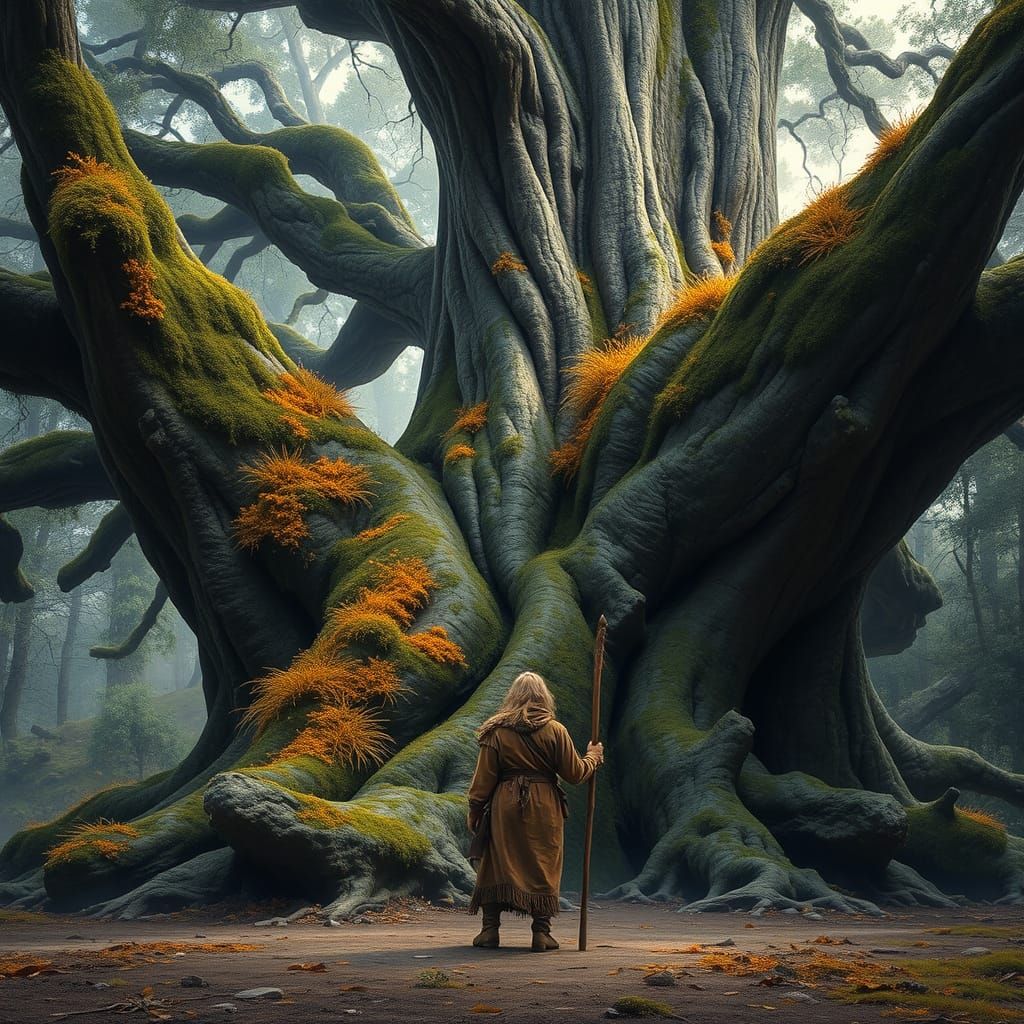 Wanderer Before Ancient Tree: Hyperrealistic Fantasy Landsca...