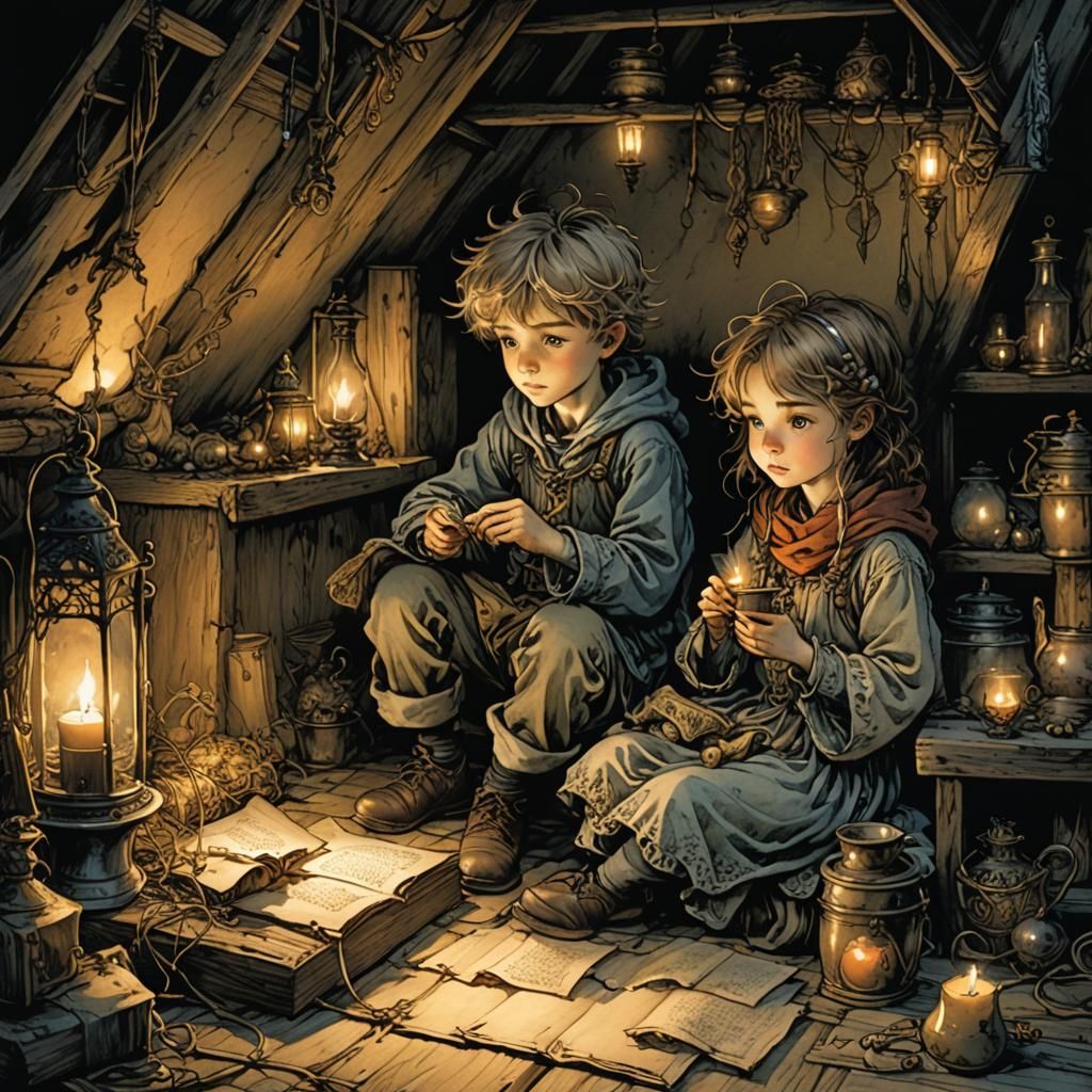 Children Hide in Attic by Candlelight: Storybook Illustratio...