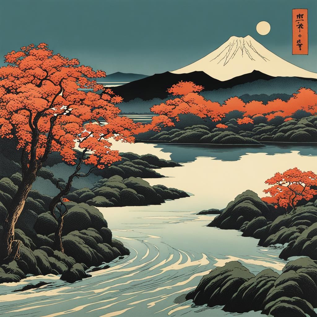 Karst Landscape as Nishiki-e Woodblock Print