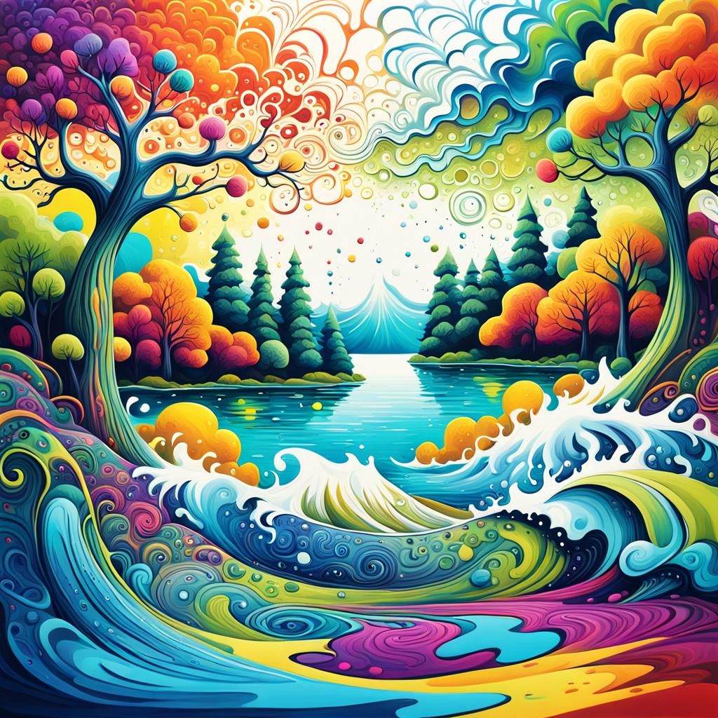 Vibrant Graffiti Art Lake Scene with Neon Lights