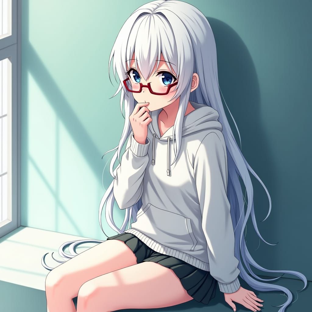 Contemplative Anime Girl with White Hair and Glasses