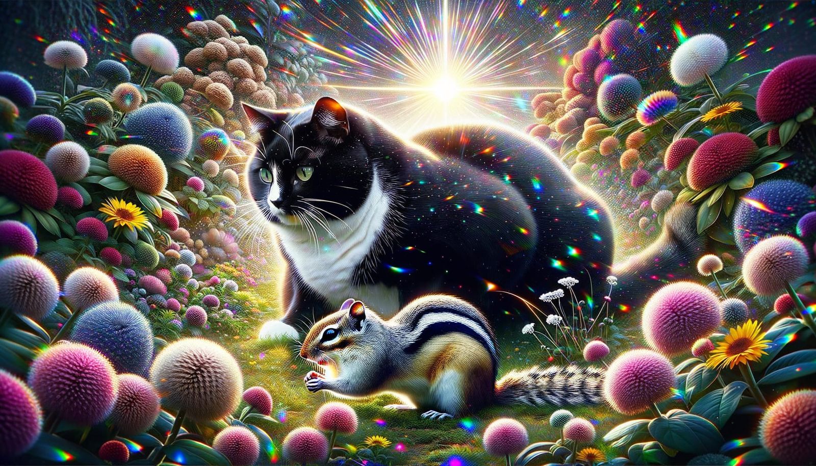 Tuxedo Cat Hunts Chipmunk in Shattered Garden