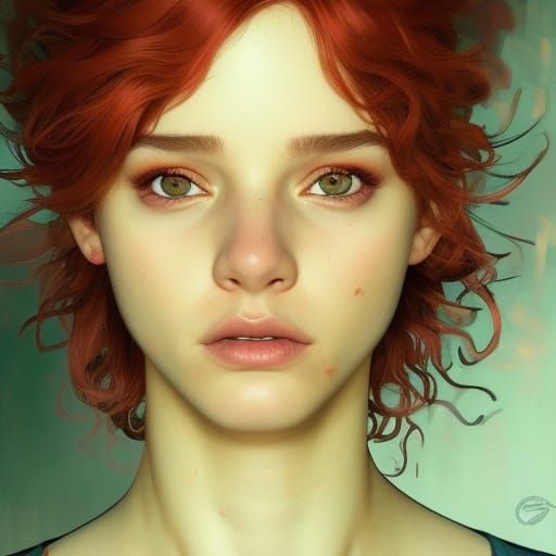 Detailed Portrait of Red-Haired Boy in Art Nouveau Style