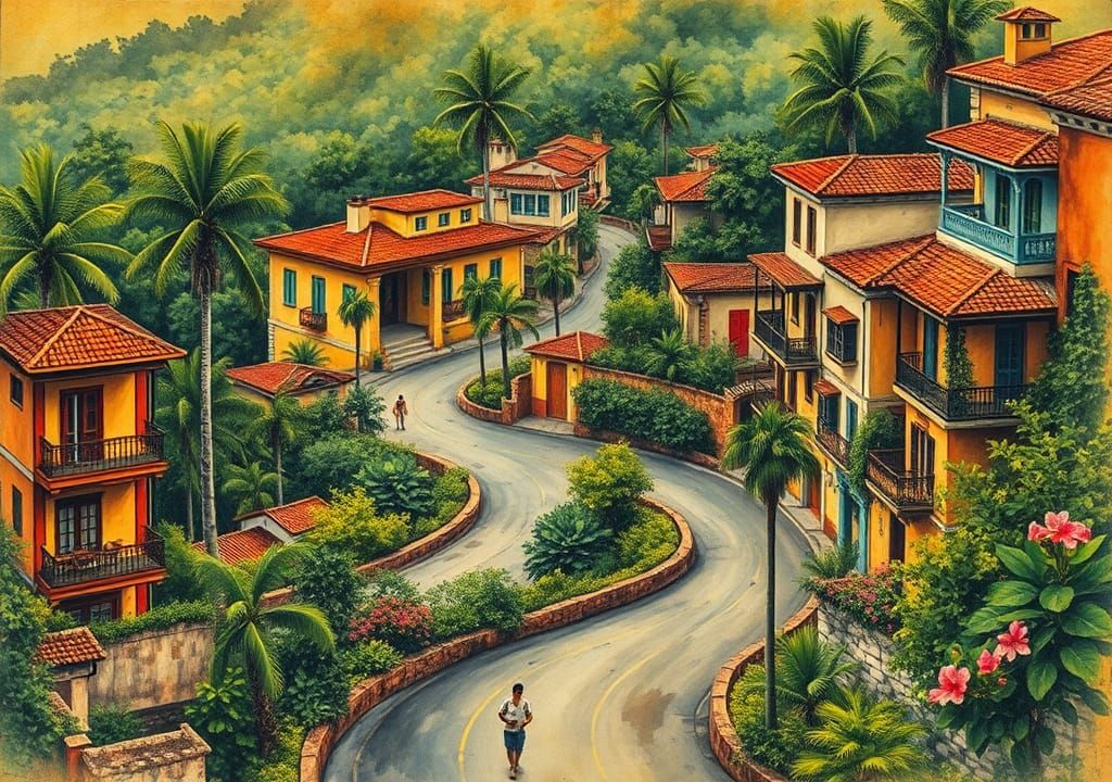 Colorful Cuban Community in Expressive Ink Painting Style