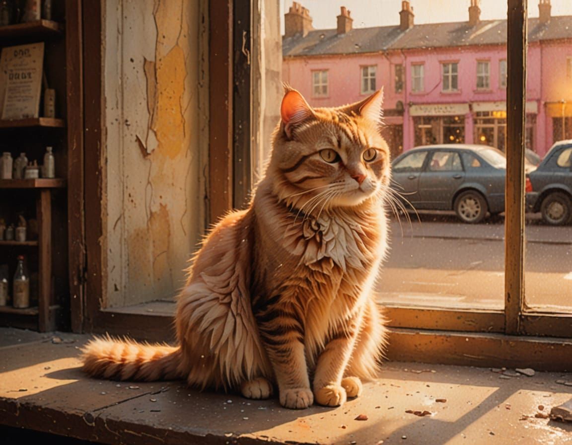 Whimsical Watercolor Shop Scene with Vintage Cat