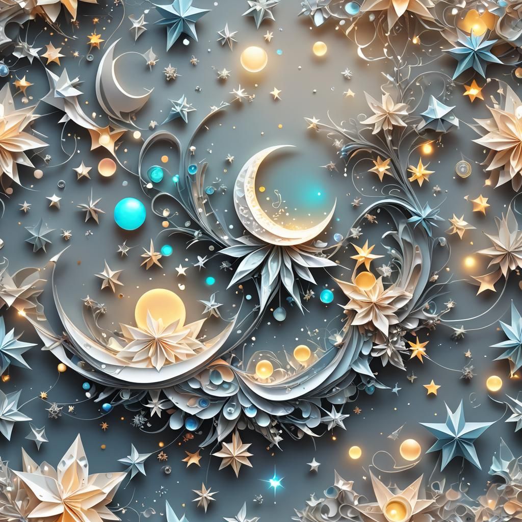 Opal Crescent Moon with Fractal Bubbles in Origami Style