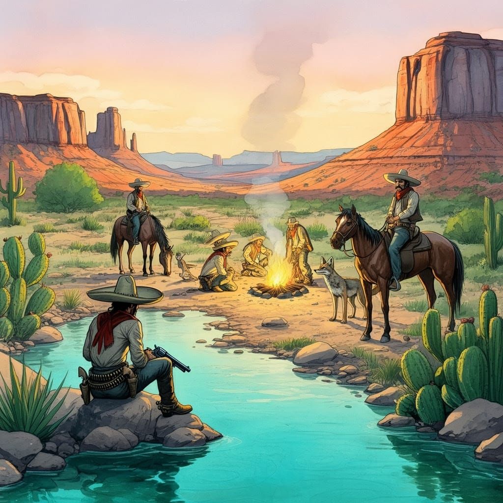 Wild West Watercolor Painting in Comic Book Style