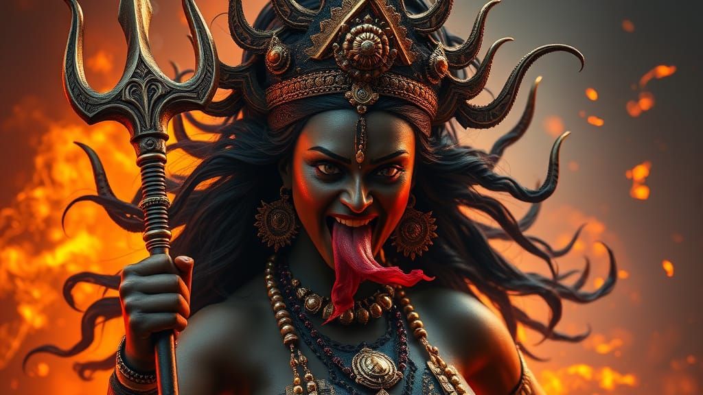 Fierce Hindu Goddess in Tandav Dance, Dark Skinned Deity wit...