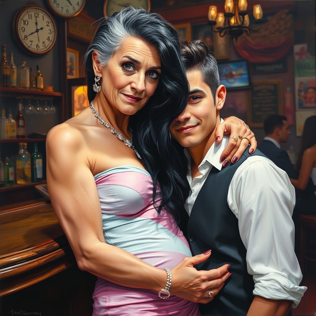 Elderly Transvestite Embraced in Bar, Oil Painting