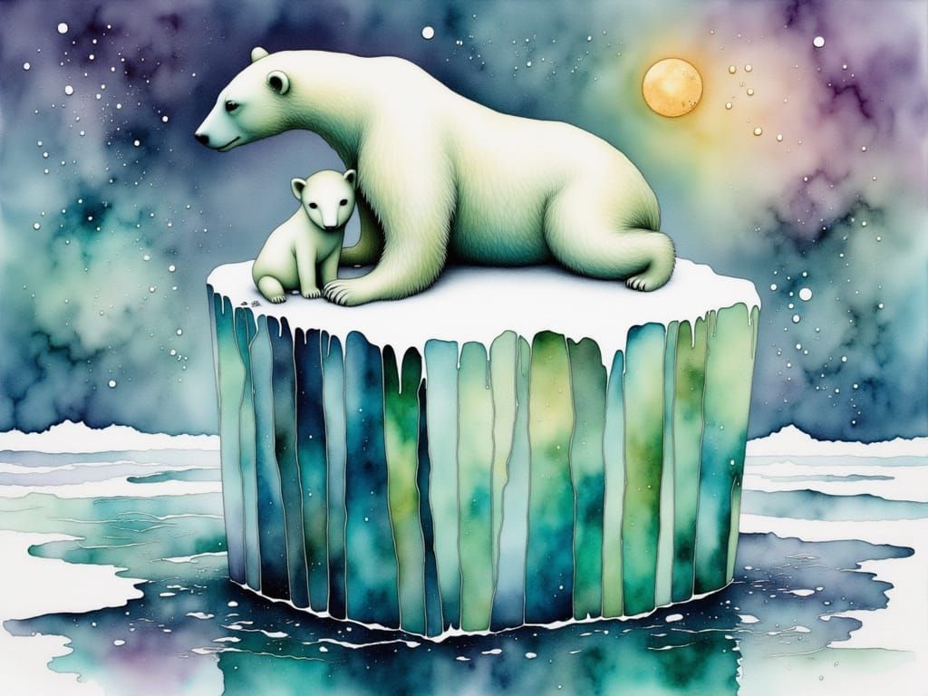 Polar Bear and Cub on Iceberg in Soft Watercolor