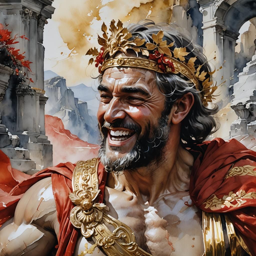 Laughing Greek God Portrait in Watercolor Style