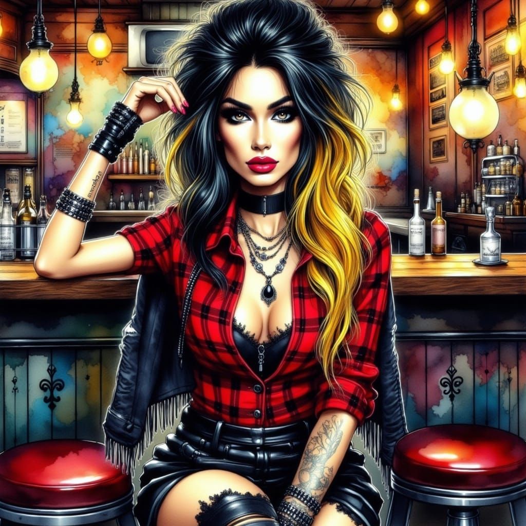 Watercolor Portrait of a Punk Rocker in a Dimly Lit Bar