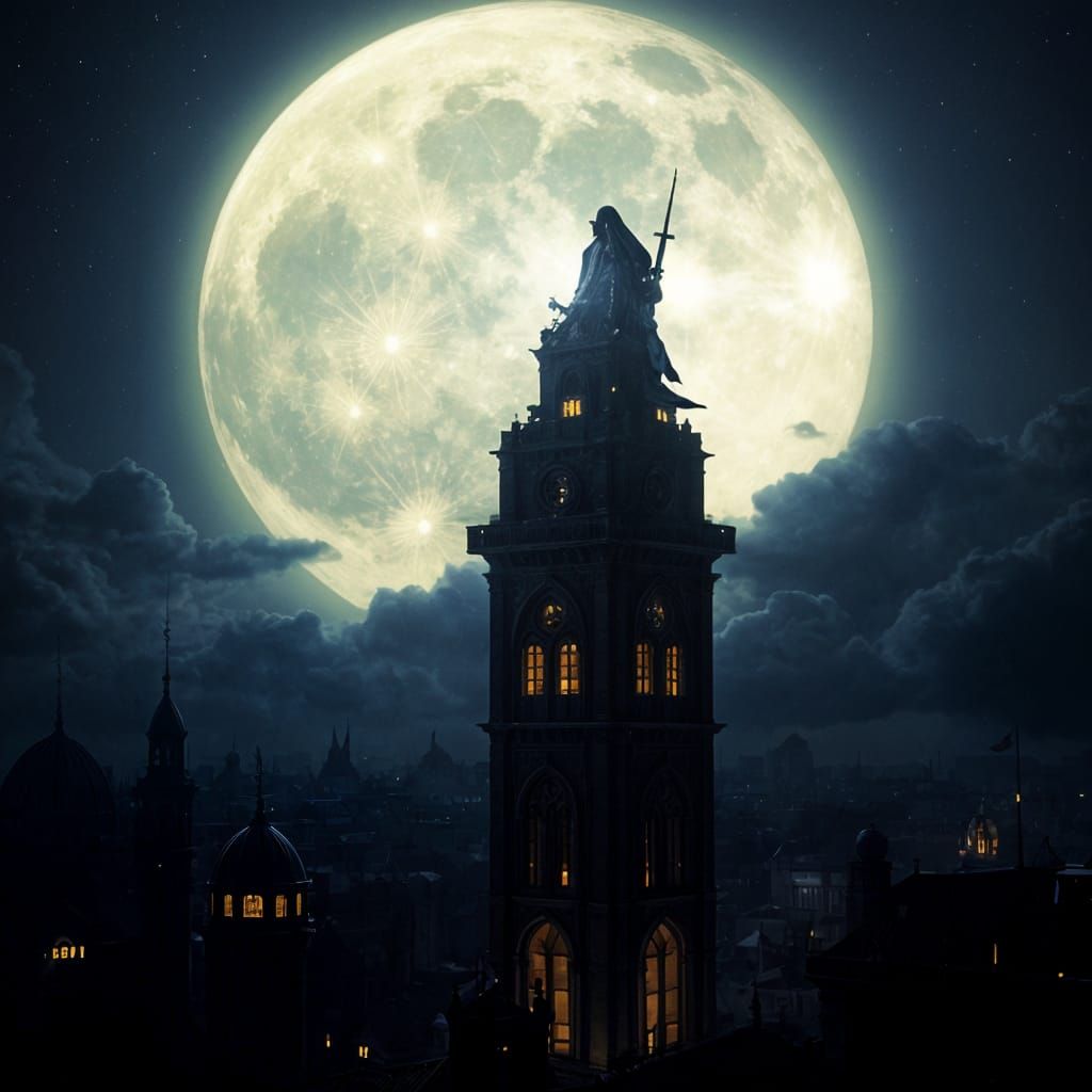 Moonlit Ninja Shadow on Tower, Dark Fantasy Art