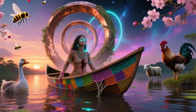 Mystical Amazon Journey in Spiral Sculpture at Sunset