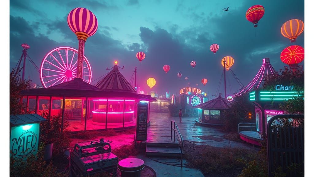 Surreal Abandoned Amusement Park in Futuristic Style