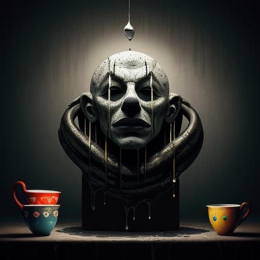 Surreal Clown in Dimly Lit Room with Shattering Cups