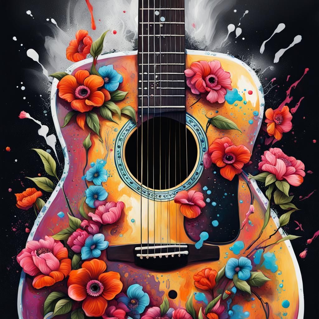 Guitar with Flowers in Graffiti Street Art Style