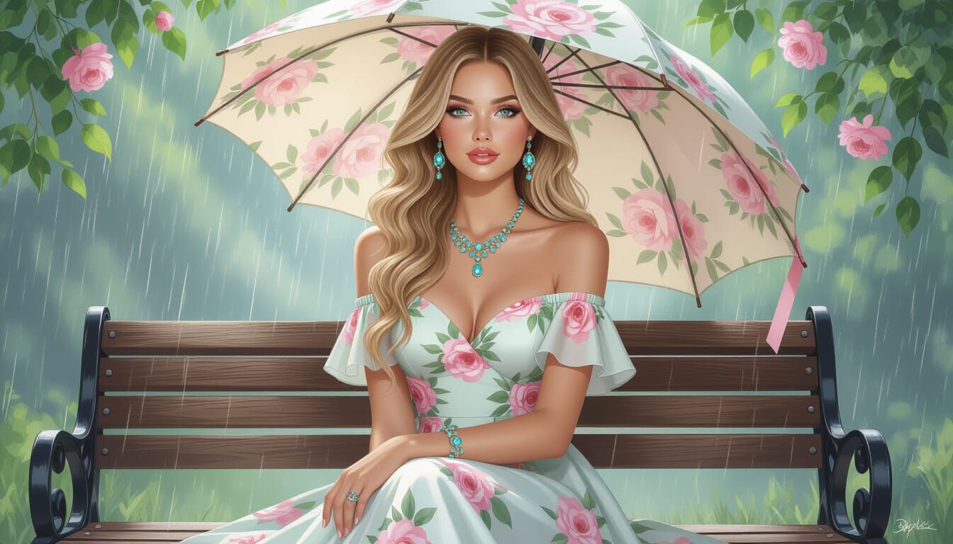 Elegant Woman Under Floral Umbrella: Digital Art Nouveau Pai...