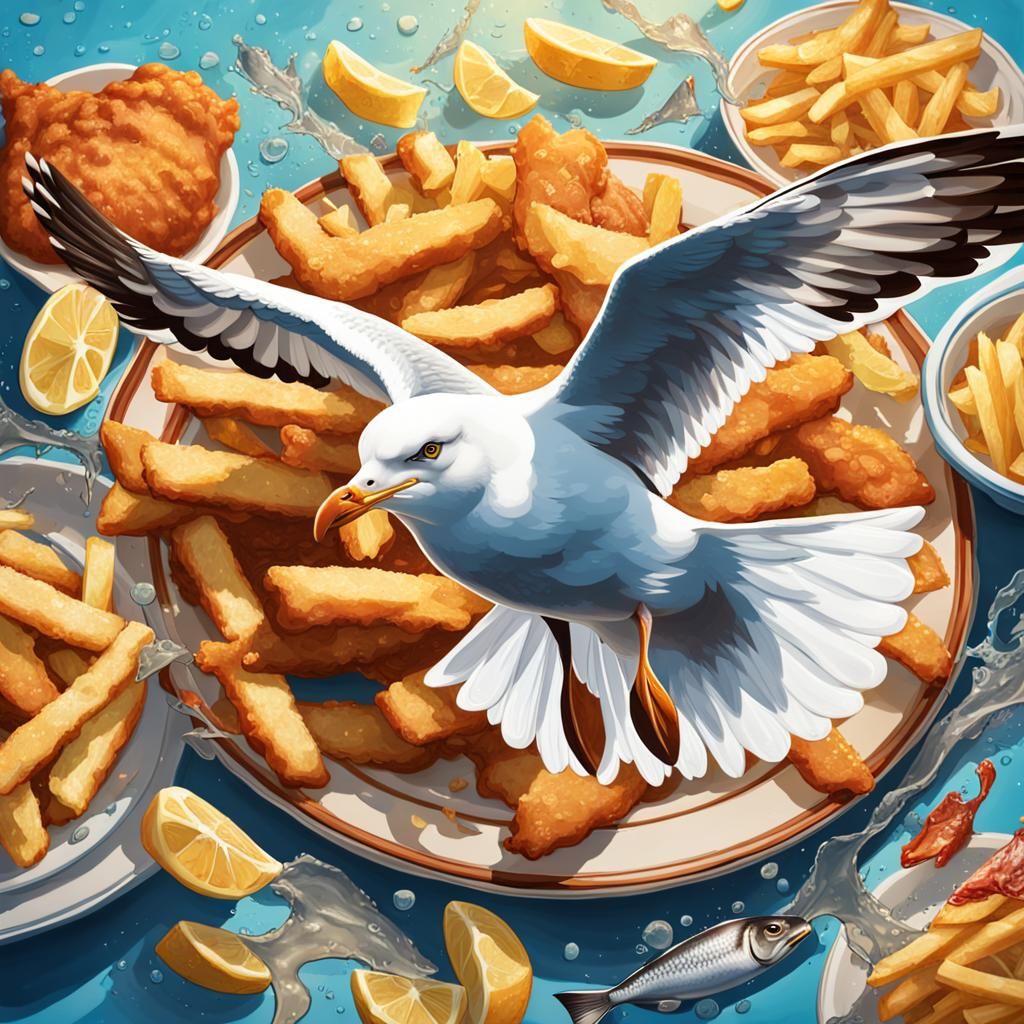 Seagull Stealing Fish and Chips: Hyperrealistic Splash Art