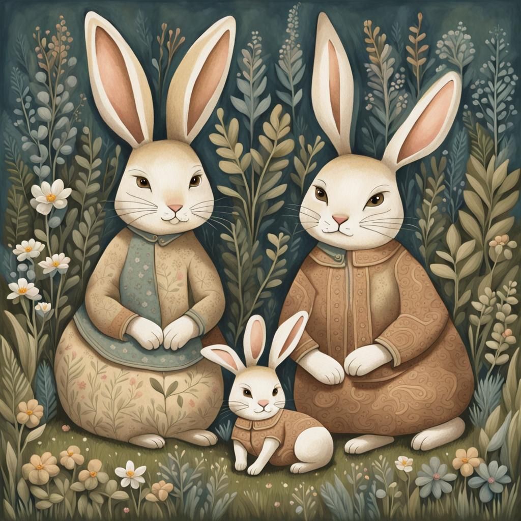 Rabbit Family in Meadow: Whimsical Folk Art Illustration