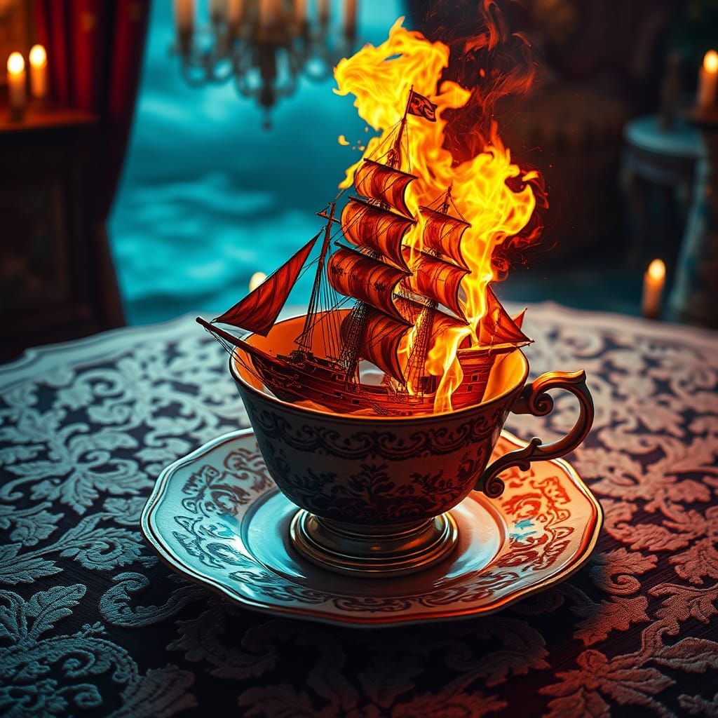 Pirate Ship Ablaze in Teacup: Digital Matte Painting