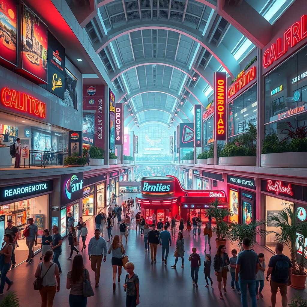 Futuristic Mega Mall with Indoor Gardens in Neon Style