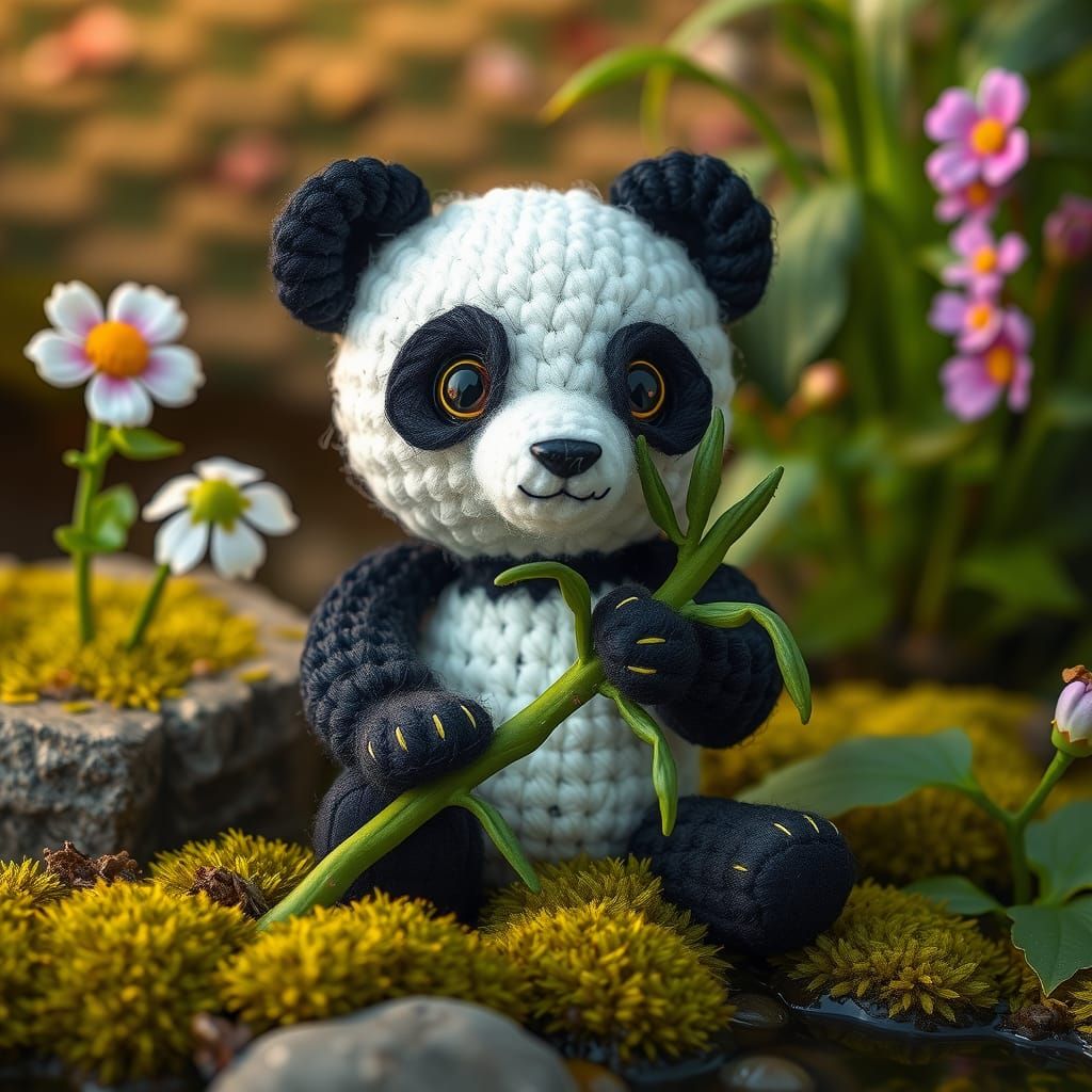 Amigurumi Panda Bear with Bamboo, Watercolor Style