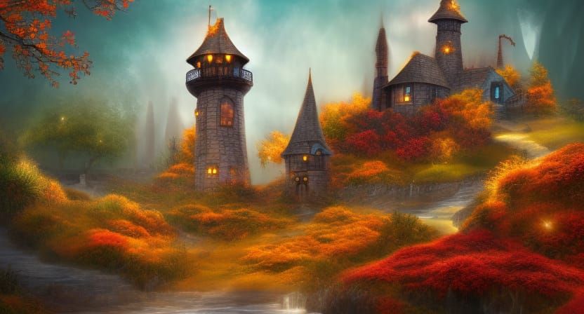 Ethereal Autumn: Fantasy Village Tower in Hyperdetail
