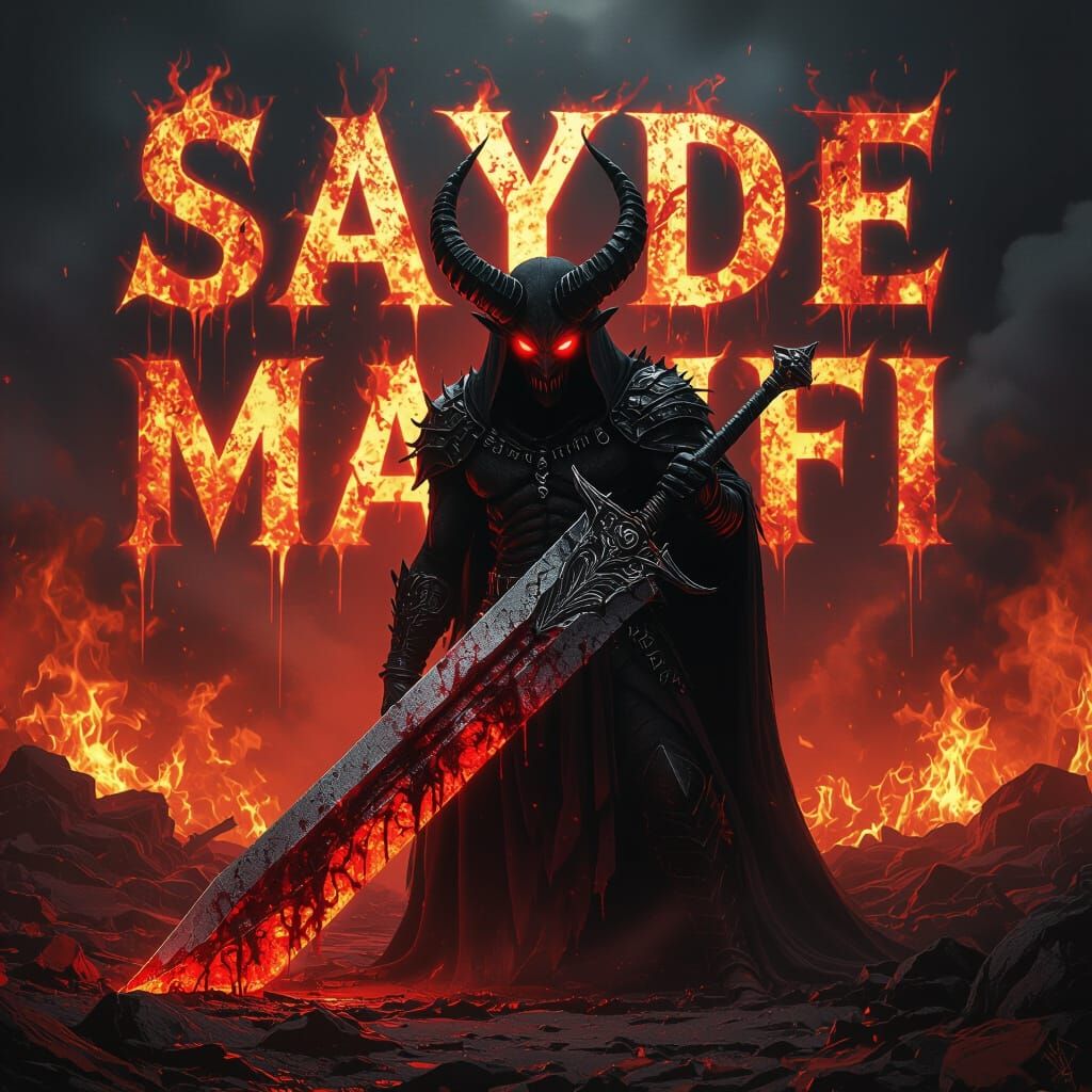 Demonic Fiend in Fiery Hellscape with Bloody Sword