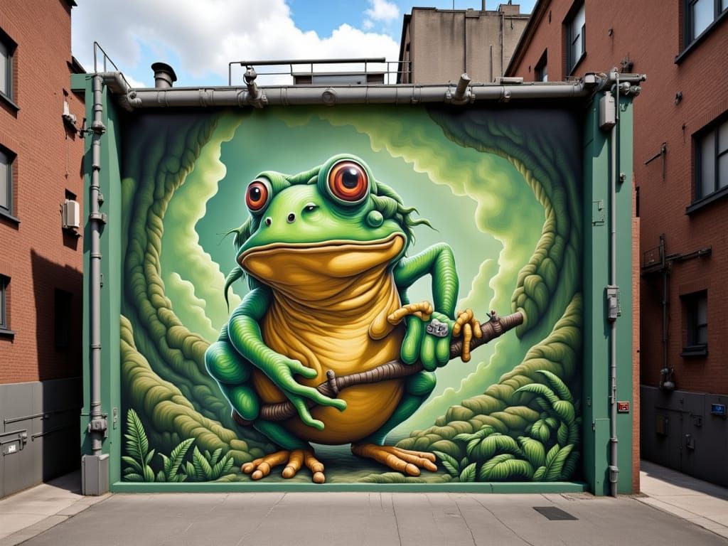 Adventurous Pepe the Frog in Street Art Style