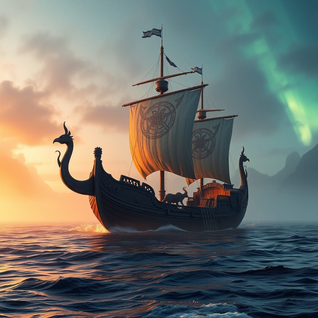 Epic Norse Longship in Mystical Fjord Landscape