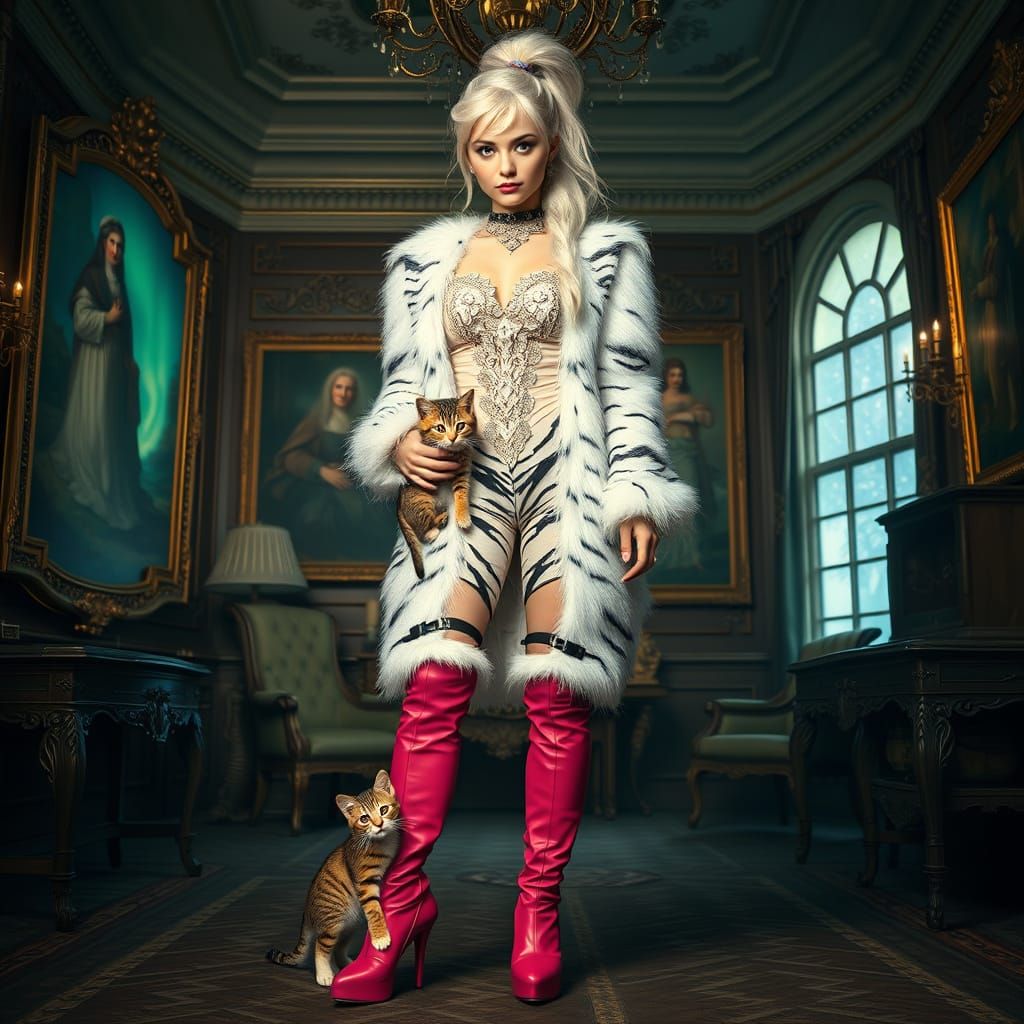 Elegant Victorian Feline Maiden in Whimsical Wonderland