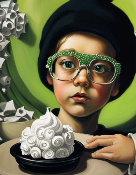 Toddler with Neon Glasses and Rococo Sculpture