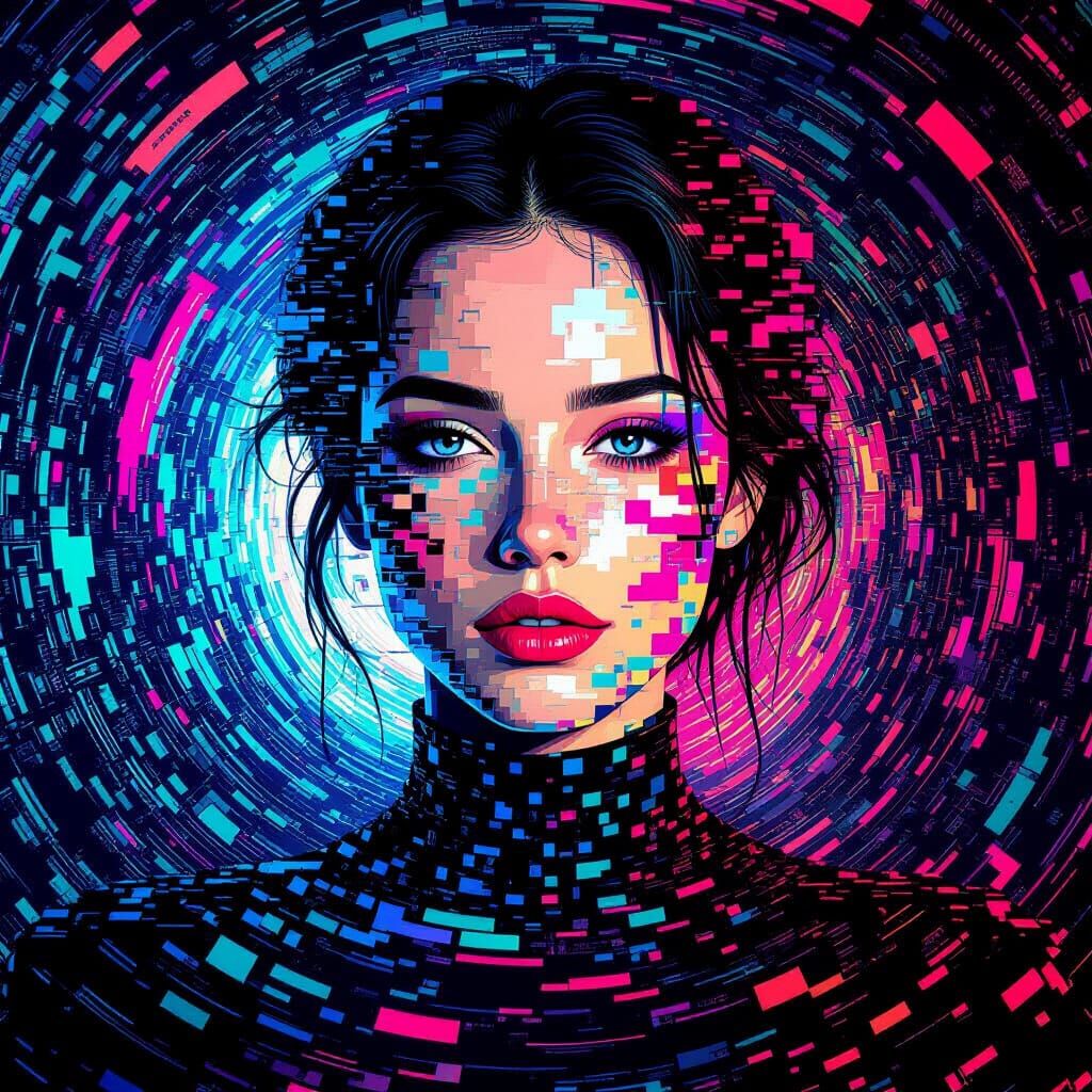 Surreal Portrait: Woman Dissolving into Digital Glitch Art