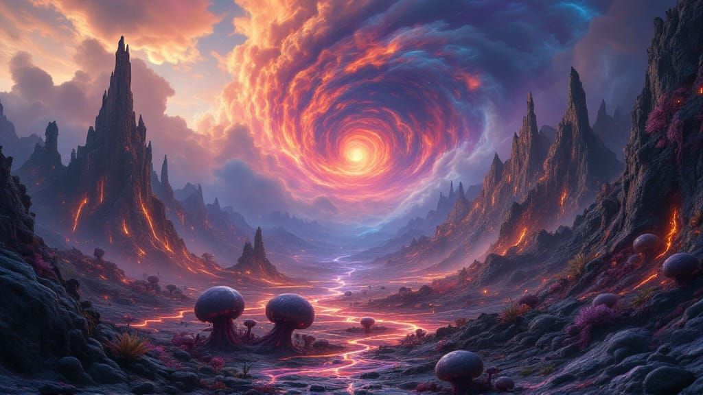 Ethereal, Otherworldly Volcano Landscape in Iridescent Hues