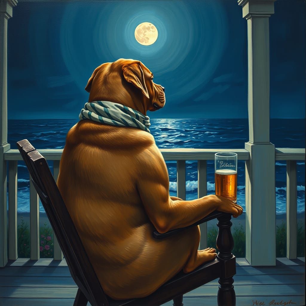 Dog on Porch Gazing at Moonlit Ocean