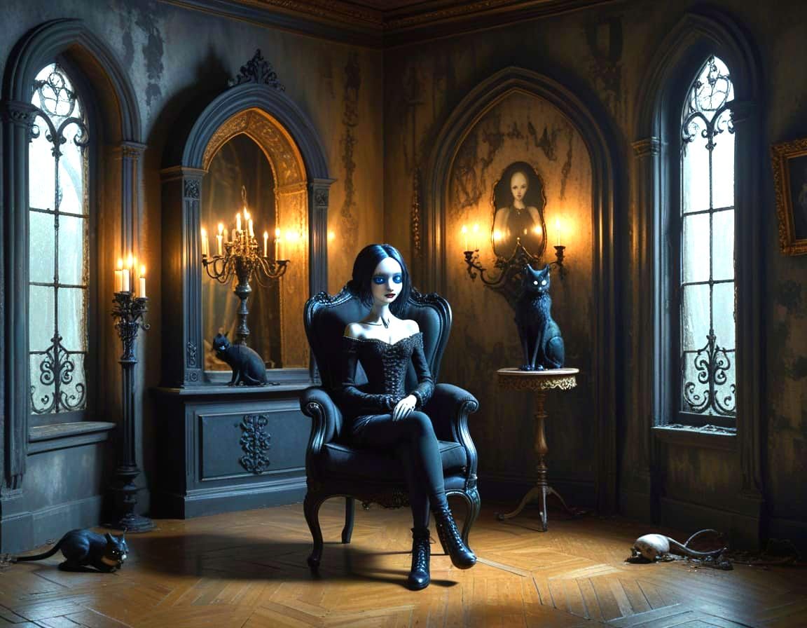 Gothic Mansion Interior with Woman and Cat in Claymation Sty...