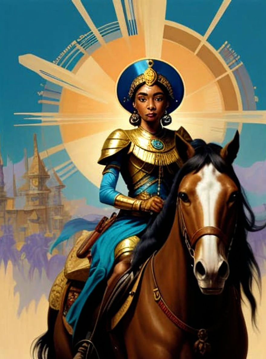 Nilotic Princess Riding Horse in Futurism Style