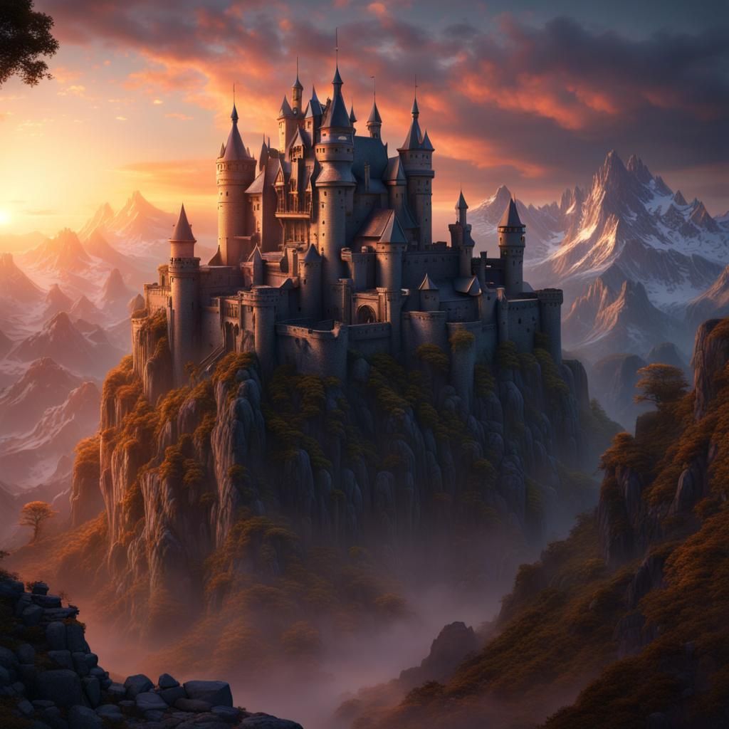 Fantastical Castle on Mountains at Sunrise in Matte Painting