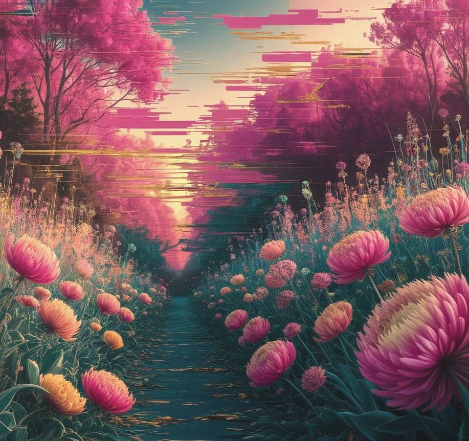 Vibrant Floral Dreamscapes in Impasto Glitch Art