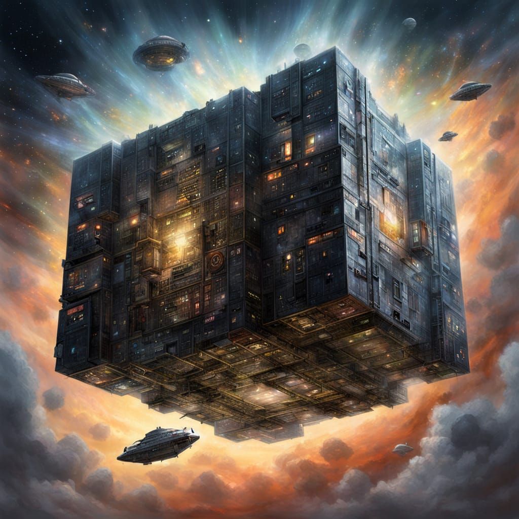 Borg Cube Spacecraft Soars Through Celestial Realms