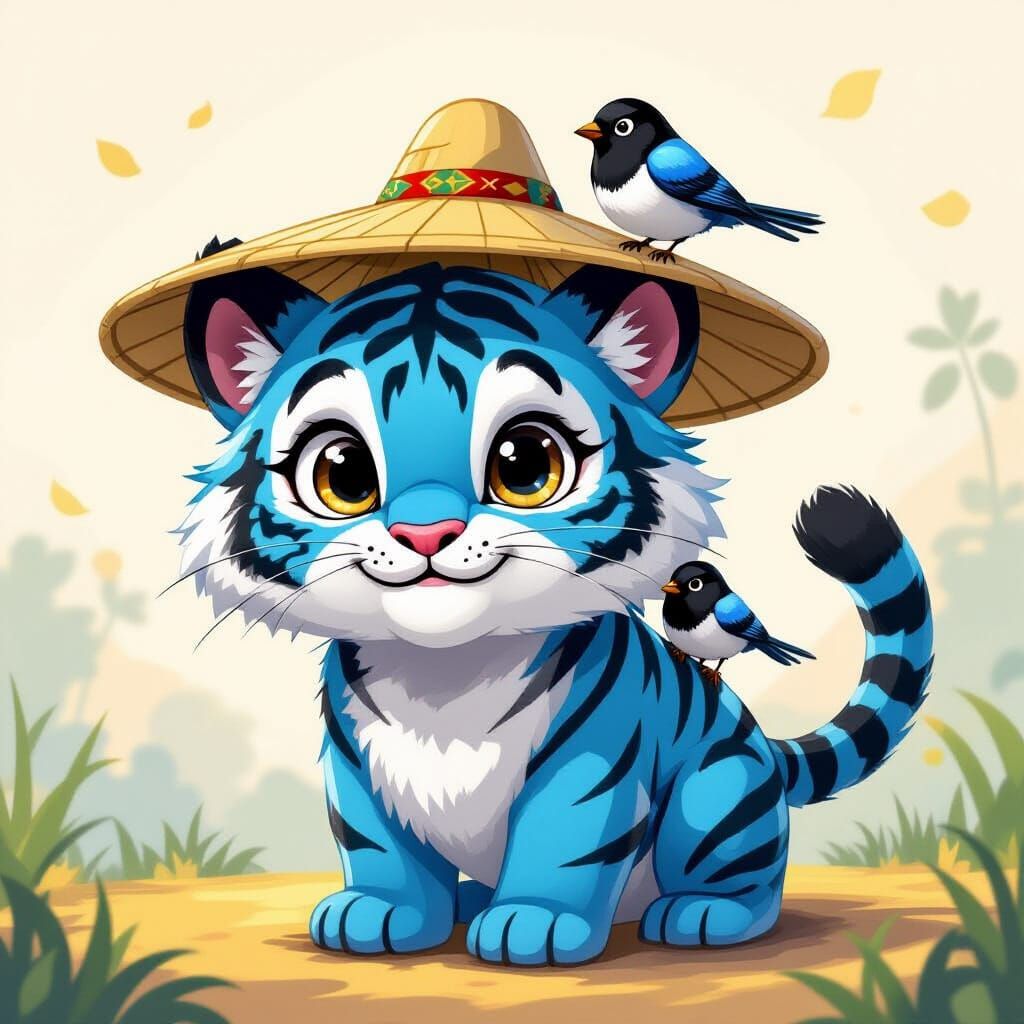 Blue Tiger with Magpie in Whimsical Style