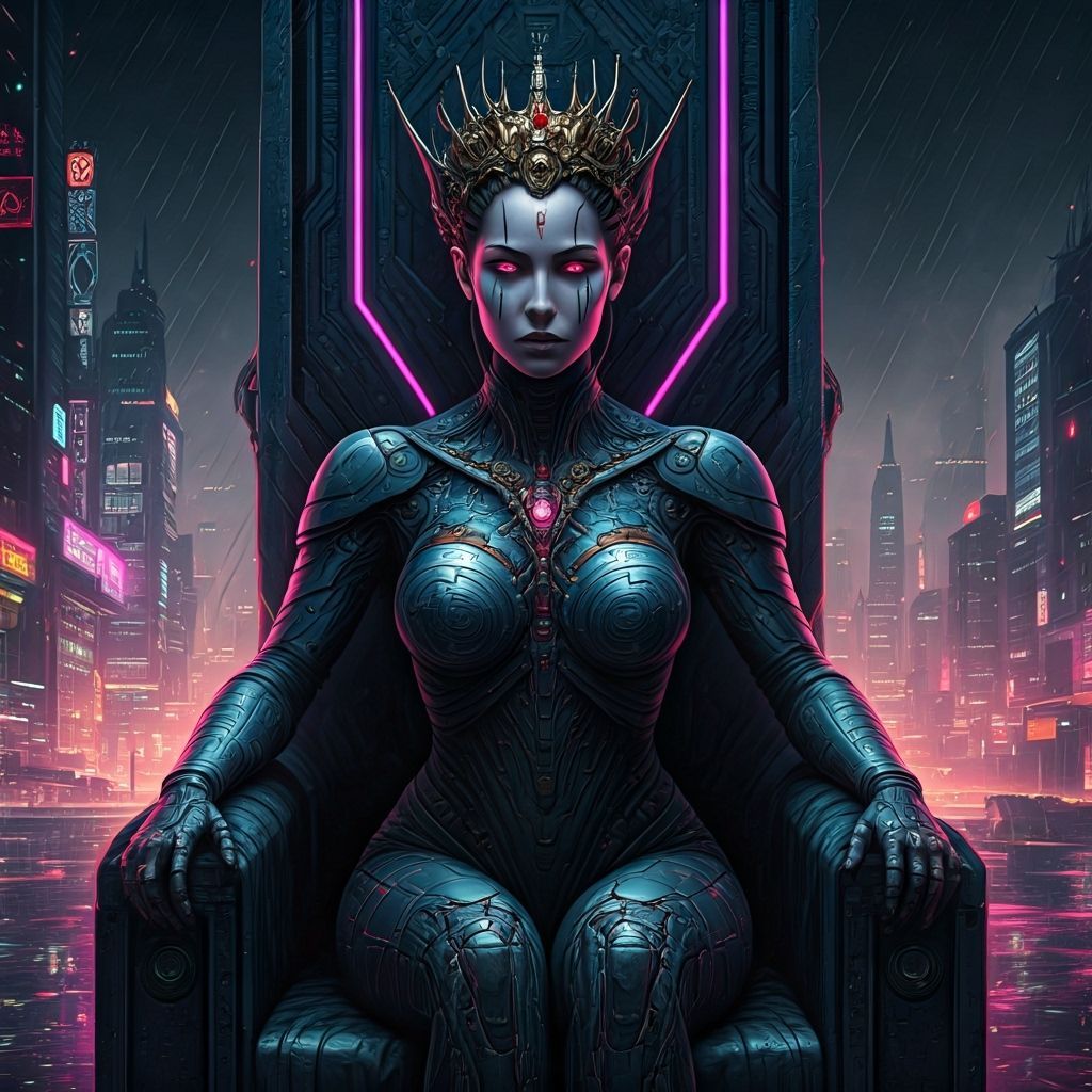 Cybernetic Queen on Data Throne in Neon Metropolis