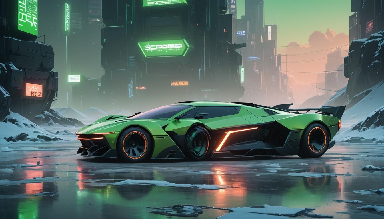 Futuristic Green Car in Cyberpunk Mystical Environment