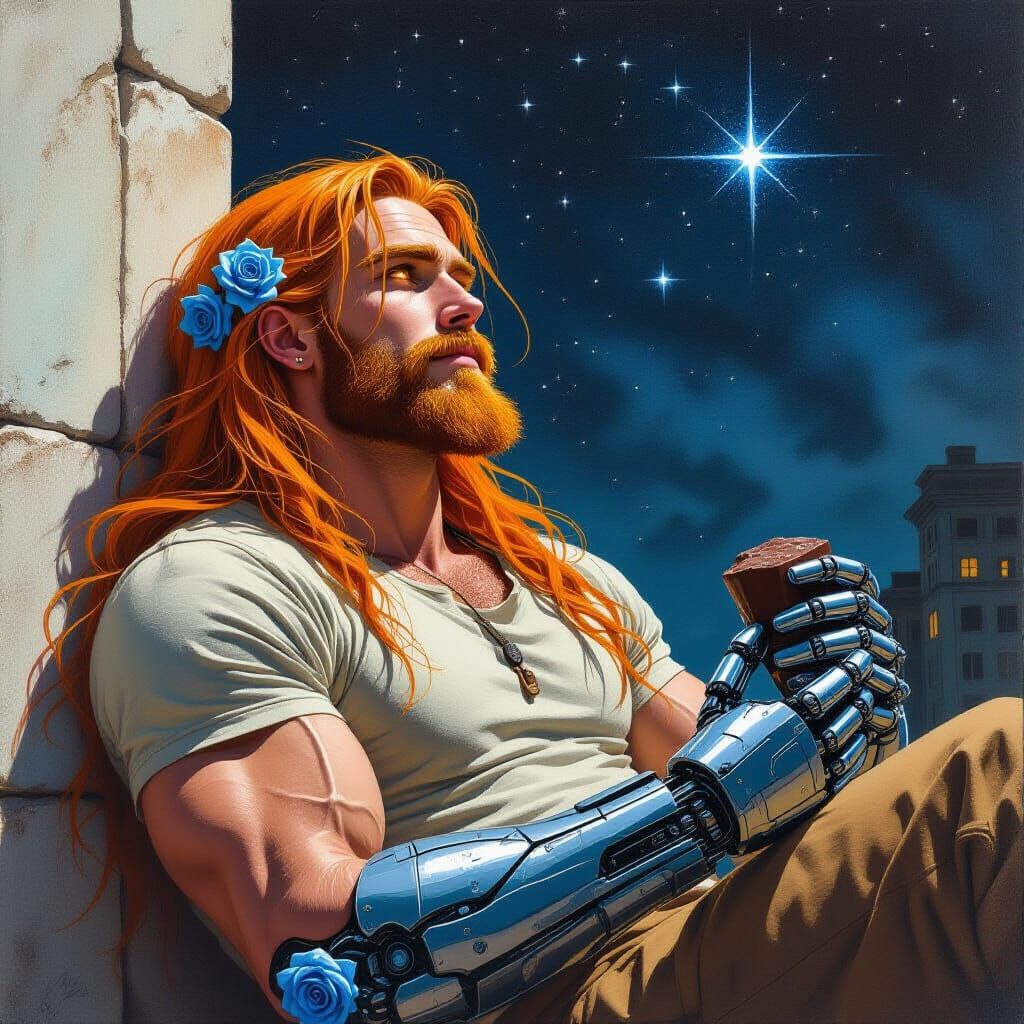 Man Gazing at Stars in Dark Fantasy Charcoal Drawing